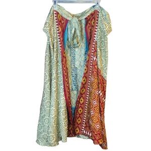 Cream/Blue/Red Floral Aztec Oversized Reversible Maxi Skirt, One Size